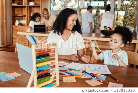 Learning, home education and mother with child for translation, language development or numbers in family house. Mom or happy woman and kid helping, support or teaching him maths and writing together Learning, home education and mother with child for translation, language development or numbers in family house. Mom or happy woman and kid helping, support or teaching him maths and writing together 133033356