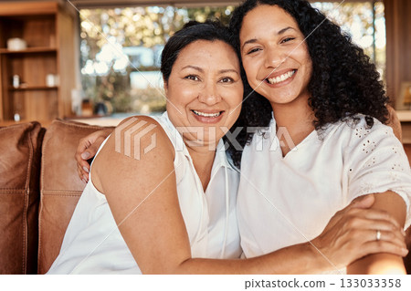 Woman portrait, senior mom selfie and smile of family on a living room sofa with happiness and bonding. Mama love, support and happy elderly care with women on lounge couch in a house together Woman portrait, senior mom selfie and smile of family on a living room sofa with happiness and bonding. Mama love, support and happy elderly care with women on lounge couch in a house together 133033358