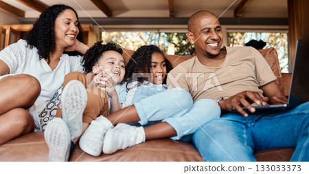 Laptop, happy family and children for online video, movies or cartoon on couch and streaming service, learning or relax. Biracial mother, father and kids watch film or show on computer and home sofa 133033373