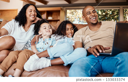 Laptop, happy family and kids with online video, movies or cartoon on couch on live streaming service, learning or bonding. Biracial mom, father and children watch film or show on computer and sofa Laptop, happy family and kids with online video, movies or cartoon on couch on live streaming service, learning or bonding. Biracial mom, father and children watch film or show on computer and sofa 133033374