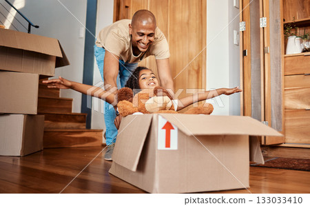 New home, father and pushing girl in box, having fun and bonding after moving in house. Real estate, family property and child with teddy bear, boxes and happy dad playing to celebrate relocation. New home, father and pushing girl in box, having fun and bonding after moving in house. Real estate, family property and child with teddy bear, boxes and happy dad playing to celebrate relocation. 133033410