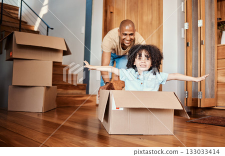 Box, fun and child with father in living room celebrating moving day, rental or real estate. Property, home and boy with parent, cardboard or airplane game while packing for relocating or new house Box, fun and child with father in living room celebrating moving day, rental or real estate. Property, home and boy with parent, cardboard or airplane game while packing for relocating or new house 133033414