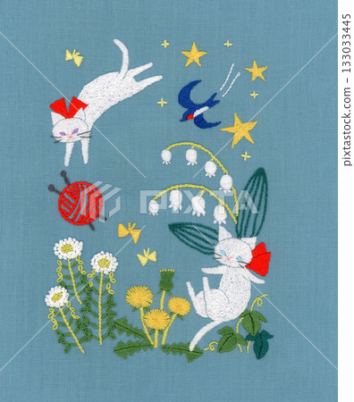 Embroidery of two white cats and spring flowers Embroidery of two white cats and spring flowers 133033445