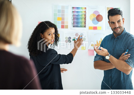 Presentation board, meeting and creative business people planning, brainstorming and present advertising design plan. Staff, audience and diversity team cooperation, teamwork or explain project ideas Presentation board, meeting and creative business people planning, brainstorming and present advertising design plan. Staff, audience and diversity team cooperation, teamwork or explain project ideas 133033448