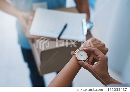 Watch, late and delivery with a customer checking the time for service delivery of a courier company. Logistics, ecommerce and retail with a consumer timing the shipping of an online shopping product Watch, late and delivery with a customer checking the time for service delivery of a courier company. Logistics, ecommerce and retail with a consumer timing the shipping of an online shopping product 133033487