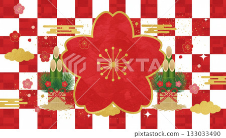 Red and white checkered pattern x Kadomatsu x Plum blossoms (Japanese style celebration background) 133033490