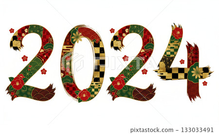 時尚的新年設計,以金色、紅色和綠色的日式圖案呈現「2024」字樣(元旦) 時尚的新年設計,以金色、紅色和綠色的日式圖案呈現「2024」字樣(元旦) 133033491