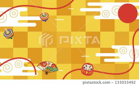 Bright New Year's background with a yellow and red checkered pattern and daruma, tops, and fans (New Year, Japanese style) 133033492