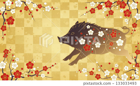 日式新年背景(十二生肖,新年),金色方格圖案上繪有梅花和野豬。 日式新年背景(十二生肖,新年),金色方格圖案上繪有梅花和野豬。 133033493