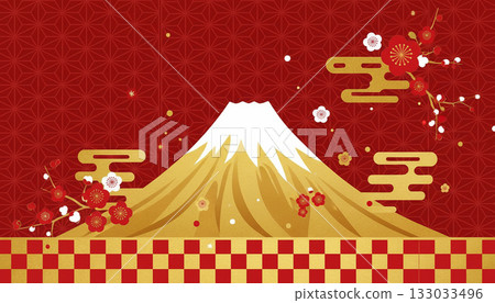 以金色的富士山和紅白相間的梅花為特色的傳統日本新年背景（吉祥、新年、日本） 133033496