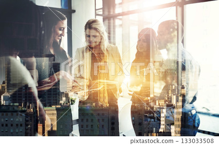 Planning, meeting and double exposure with business people in office for corporate, company and teamwork. Strategy, idea and collaboration with employee for workforce, development and city Planning, meeting and double exposure with business people in office for corporate, company and teamwork. Strategy, idea and collaboration with employee for workforce, development and city 133033508