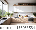 Large kitchen with large windows 133033534