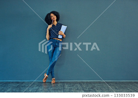 Thinking, planning and woman on a blue wall for business, career ideas or plan in an office. Smile, corporate and a young female employee with a notebook and idea or professional strategy with mockup 133033539