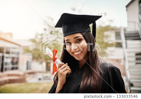 Portrait, diploma and woman with graduation, university and happiness with knowledge, education and achievement. Face, female person and student with a degree, scholarship and celebration with goals Portrait, diploma and woman with graduation, university and happiness with knowledge, education and achievement. Face, female person and student with a degree, scholarship and celebration with goals 133033546
