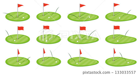 Set of vector illustrations of golf green and flag icons of various shapes 133033557