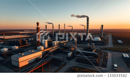 Industrial oil refinery silhouette at sunset with smoke against an orange sky. Industrial oil refinery silhouette at sunset with smoke against an orange sky. 133033582