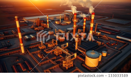 Industrial oil refinery silhouette at sunset with smoke against an orange sky. 133033589