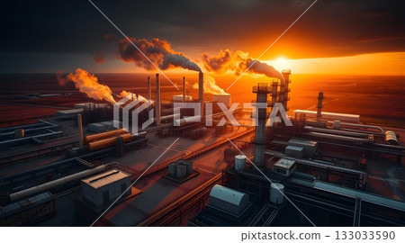 Industrial oil refinery silhouette at sunset with smoke against an orange sky. 133033590