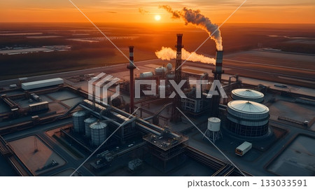 Industrial oil refinery silhouette at sunset with smoke against an orange sky. Industrial oil refinery silhouette at sunset with smoke against an orange sky. 133033591