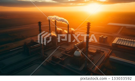 Industrial oil refinery silhouette at sunset with smoke against an orange sky. 133033592