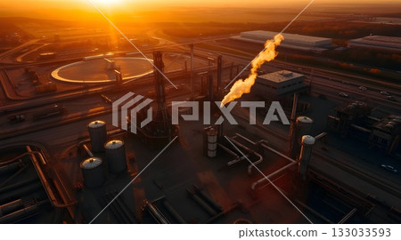 Industrial oil refinery silhouette at sunset with smoke against an orange sky. 133033593