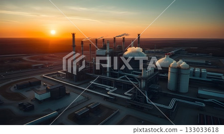 Industrial oil refinery silhouette at sunset with smoke against an orange sky. Industrial oil refinery silhouette at sunset with smoke against an orange sky. 133033618