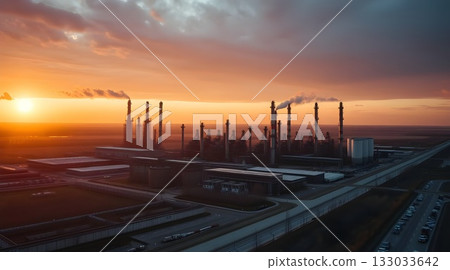 Industrial oil refinery silhouette at sunset with smoke against an orange sky. Industrial oil refinery silhouette at sunset with smoke against an orange sky. 133033642