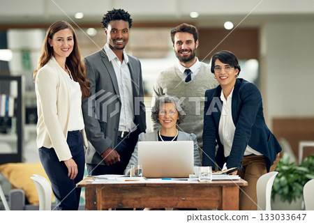 Portrait, teamwork or happy business people in meeting for ideas, strategy or planning a startup company. CEO, laptop or employees smiling with leadership or group support for a vision in office Portrait, teamwork or happy business people in meeting for ideas, strategy or planning a startup company. CEO, laptop or employees smiling with leadership or group support for a vision in office 133033647