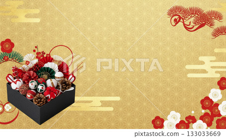 Elegant New Year's background with a black box filled with pine, bamboo, plum, and Japanese decorations (golden hemp leaf pattern, New Year, New Year's greetings) 133033669