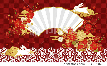 一幅精美的日式新年背景圖,以紅色方格圖案、扇子、梅花和跳躍的兔子為特色。 一幅精美的日式新年背景圖,以紅色方格圖案、扇子、梅花和跳躍的兔子為特色。 133033670