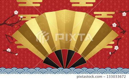 A gorgeous red background with a gold fan and red and white plum blossoms (Japanese pattern, New Year, New Year's) 133033672
