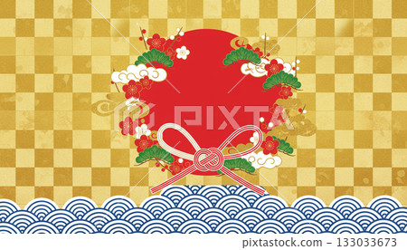 日式新年背景,結合了金色方格圖案、紅色圓圈、水引線、松樹和梅花。 日式新年背景,結合了金色方格圖案、紅色圓圈、水引線、松樹和梅花。 133033673