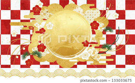 A gorgeous Japanese-style New Year's background featuring a red and white checkered pattern with gold circles and plum blossoms A gorgeous Japanese-style New Year's background featuring a red and white checkered pattern with gold circles and plum blossoms 133033675