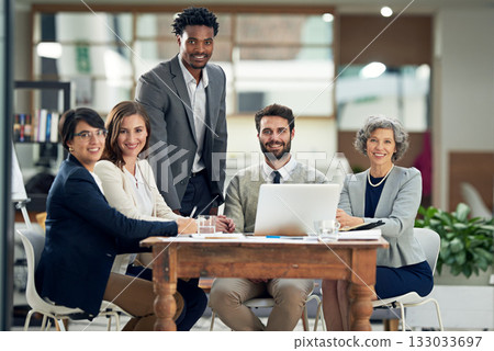Happy, startup or portrait of business people in meeting for team strategy or planning a project in company. CEO, laptop or employees smiling with leadership or group support for success in office 133033697