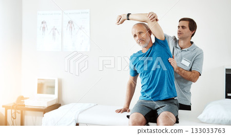 Stretching, physiotherapy and a man with a doctor for rehabilitation, fitness and health support. Healthcare, sports training and a physiotherapist with a senior patient and arm stretch after injury Stretching, physiotherapy and a man with a doctor for rehabilitation, fitness and health support. Healthcare, sports training and a physiotherapist with a senior patient and arm stretch after injury 133033763