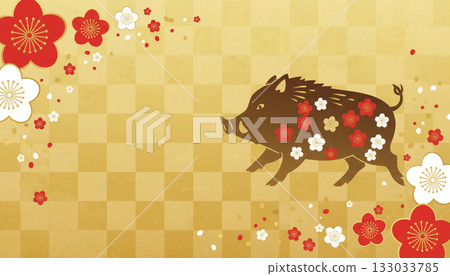 新年背景圖，野豬圖案，金色方格紋，點綴著散落的梅花（生肖，新年，吉祥） 133033785