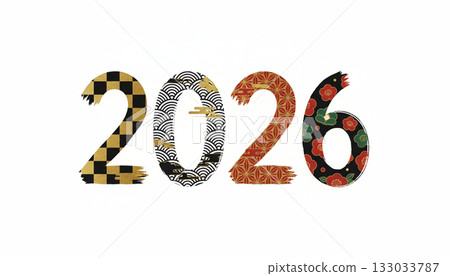 A calligraphy-style design of "2026" combining Japanese patterns (checkered, Seigaiha, hemp leaf, New Year) 133033787
