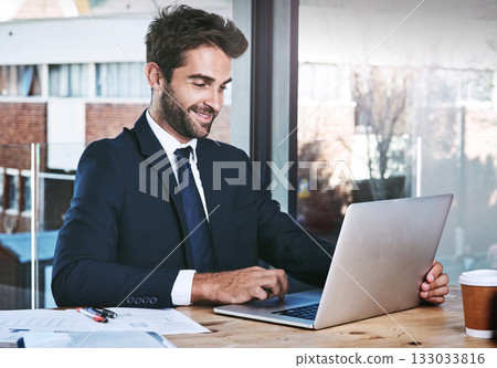 Laptop, planning and business man reading email, working on website or financial research in office. Data analysis, finance or internet software of professional accountant or happy person on computer 133033816