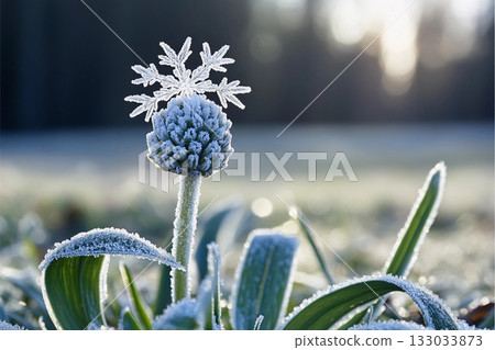 Snowflake on flower in winter field frost on petals beautiful cold season concept 133033873