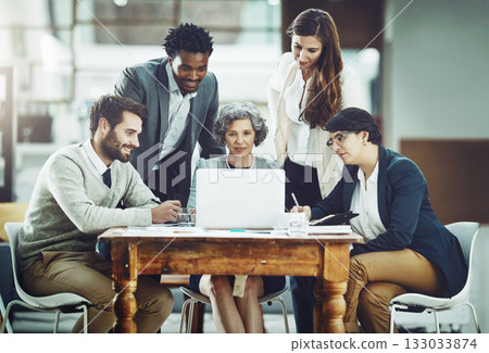 Collaboration, laptop or business people in meeting for ideas, strategy notes or planning a team project. Mentor, manager or employees learning in group coaching with leadership or vision in office 133033874