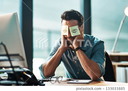 Tired, sleeping and a man with sticky note on face during overtime, late work and business at night. Fatigue, burnout and a businessman with paper to cover eyes during sleep at a desk for a deadline Tired, sleeping and a man with sticky note on face during overtime, late work and business at night. Fatigue, burnout and a businessman with paper to cover eyes during sleep at a desk for a deadline 133033885