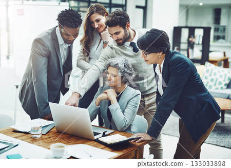 Business people, laptop or man pointing in meeting for ideas, strategy or planning a company project. CEO, teamwork or employees in group discussion or talking with leadership for a vision in office Business people, laptop or man pointing in meeting for ideas, strategy or planning a company project. CEO, teamwork or employees in group discussion or talking with leadership for a vision in office 133033898