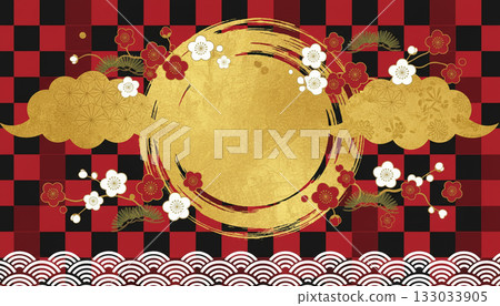 Traditional Japanese background with a red and black checkered pattern, gold circles and plum blossoms (New Year, celebration) 133033905