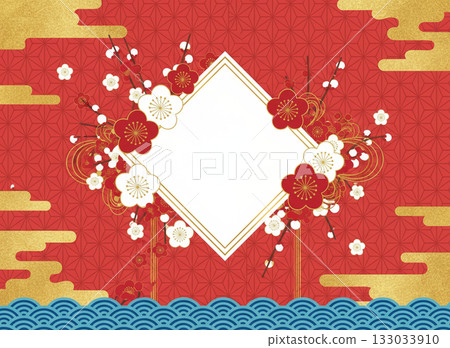 A Japanese-style New Year's celebration background featuring a red hemp leaf pattern with a white frame, gold clouds, and plum blossoms 133033910