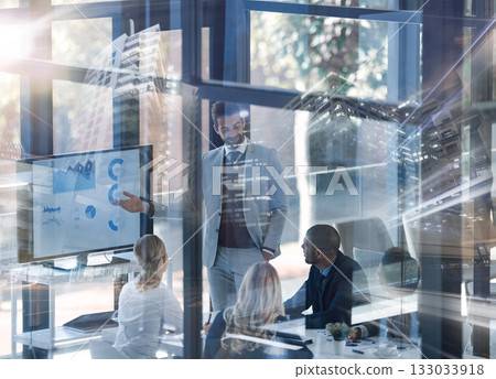 Staff, city or group in a meeting, overlay or planning with ideas, conversation or graphs for growth. Male person, employee or team with leadership, urban or brainstorming with charts or presentation 133033918