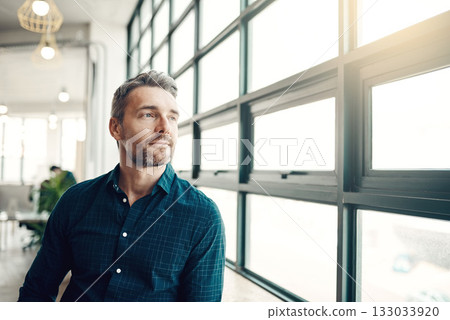 Thinking, focus and businessman at window, creative startup and business project for entrepreneur at design agency. Proud boss with creativity, ideas and focus, man with plan for future in workplace. Thinking, focus and businessman at window, creative startup and business project for entrepreneur at design agency. Proud boss with creativity, ideas and focus, man with plan for future in workplace. 133033920