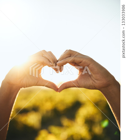 Woman with heart hands, nature and sun, sustainability and eco friendly earth care with natural farm in countryside. Conservation, sustainable farming and girl with love hand sign or kindness emoji. 133033986