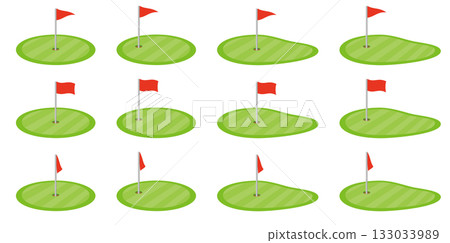 一組各種形狀的高爾夫球場果嶺和旗幟圖示的向量插圖 133033989