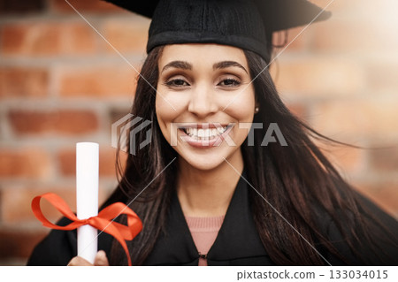 College student, graduation and portrait of a woman with a diploma and smile outdoor. Face of excited female person with university achievement, education success and future at school graduate event College student, graduation and portrait of a woman with a diploma and smile outdoor. Face of excited female person with university achievement, education success and future at school graduate event 133034015