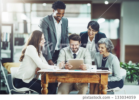Tablet, smile or business people planning in meeting for team strategy or working on project in company. News, digital or happy employees smiling or talking in group discussion for growth in office Tablet, smile or business people planning in meeting for team strategy or working on project in company. News, digital or happy employees smiling or talking in group discussion for growth in office 133034059